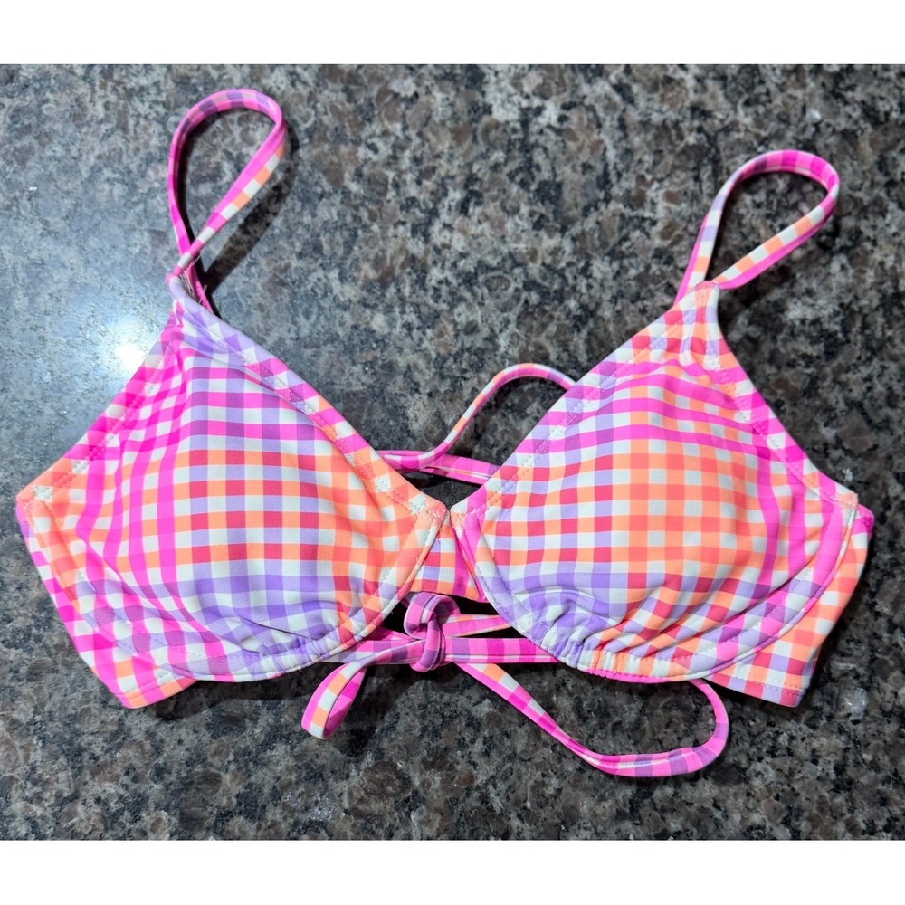 Xhilaration Pink Orange Purple Gingham Plaid Bikini Top Medium Retro Swimwear